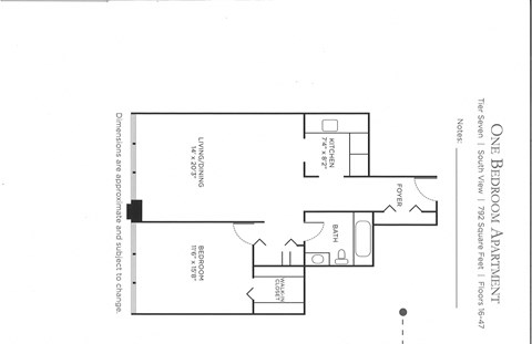 Floor plan for 1 bed, 1 bath, 795 sqft